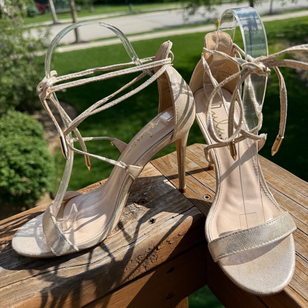 Lulus Lace Up Heels Women 7 Champagne Gold EUC Metallic Stiletto Sandals Wedding - Picture 5 of 10